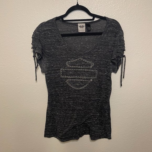 Harley Davidson Heather Grey Blouse with Tie Sleeves and Button Logo Details - Picture 4 of 10